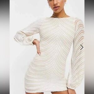 London Ivory Striped Sequin Gathered Sleeve Mini Dress